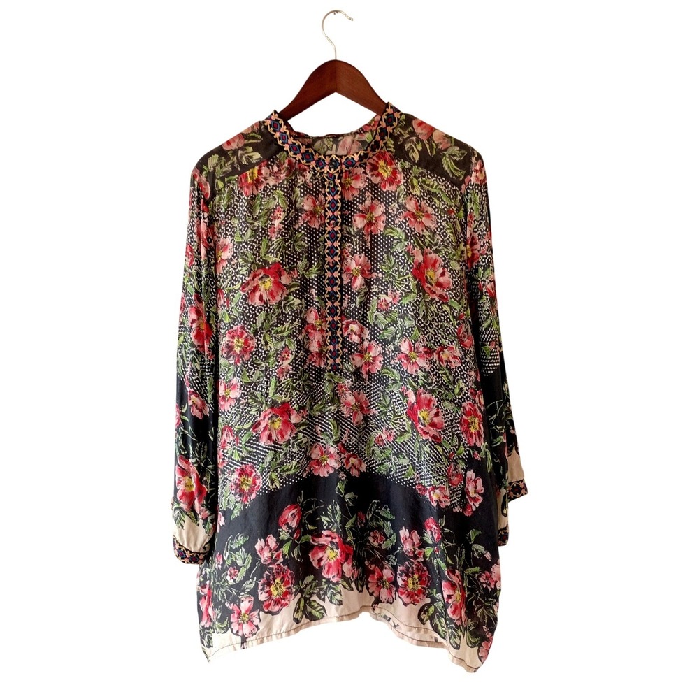 Vintage Johnny Was XXL Floral Silk Tunic Blouse Embroidered Boho Black Top